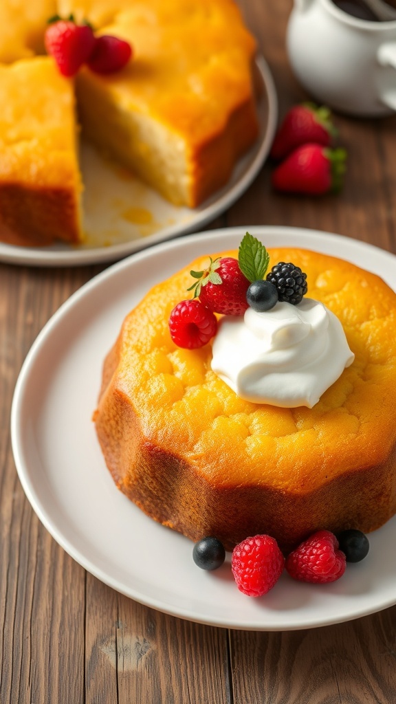 A golden sweet corn cake topped with whipped cream and fresh berries on a rustic wooden table.